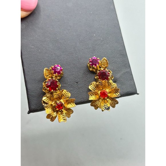 Vintage Signed Austria Clip On Earrings Pink Red Tones Floral Climber Design - Picture 6 of 10